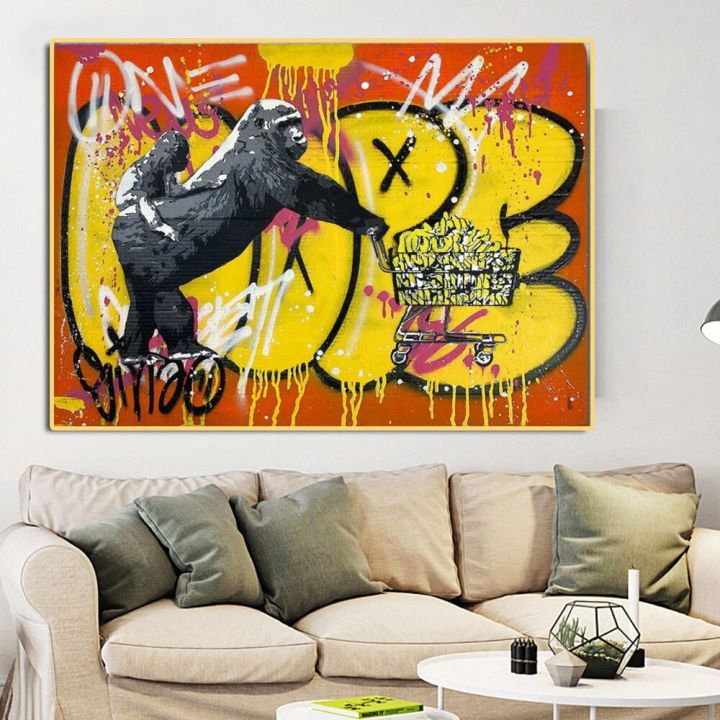 graffiti-street-art-monkey-gorilla-โปสเตอร์ภาพวาดผ้าใบ-cuadros-banksy-pop-wall-art-รูปภาพสำหรับห้องนั่งเล่น