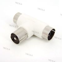 T Type 2 Way TV Splitter Aerial Coaxial Cable TV Male Plug to 2x Female Jack Antenna Connectors Adapters White YB23TH