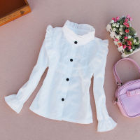 Spring Fall 2021 Childrens Blouses Baby Bottom Mandarin Collar Shirts Cotton White Blouse for Girls Fashion Teenage Clothing