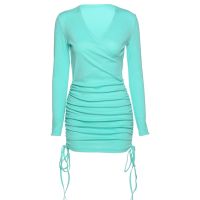 ผู้หญิงแขนยาวเซ็กซี่สำหรับ Cross Wrap V คอ Bodycon Mini Dress Neon สีทึบ Ribbed Ruched ด้านข้าง Clubwear