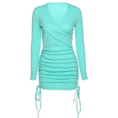 ผู้หญิงแขนยาวเซ็กซี่สำหรับ Cross Wrap V คอ Bodycon Mini Dress Neon สีทึบ Ribbed Ruched ด้านข้าง Clubwear