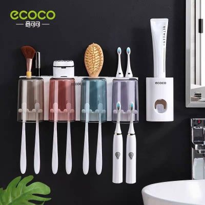 ECOCO ที่ใส่แปรงสีฟันอเนกประสงค์พร้อมถ้วยเก็บที่ยึดผนังตู้ชุดอุปกรณ์เสริมห้องอาบน้ำชั้นวางอุปกรณ์