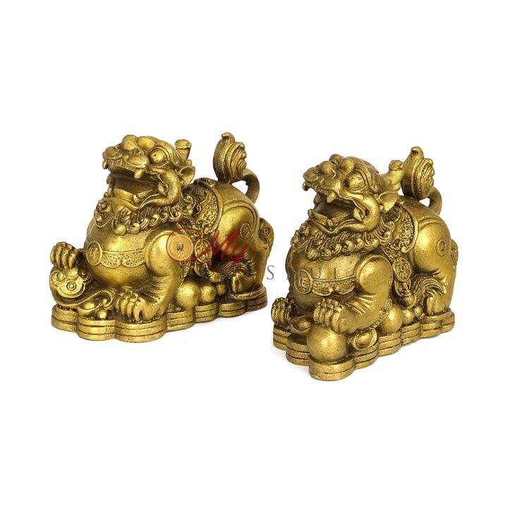 Feng Shui Pair of Brass Pi Yao with Ruyi and Ball Copper Piyao Pixiu Pi ...