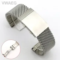 เข็มแถบนาฬิกาแบบ Milanese กำไลข้อมือแฟชั่นเท่หนาเกรดพรีเมี่ยมของแท้สายรัดตายข่ายสแตนเลสหัวเข็มขัดสำหรับดำน้ำแบบยืดหดได้ขนาด22มม.