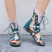 Mixed Color Rivets Studded Women Gladiator Sandals Outside Casual Flat Shoes Woman Hollow Out Lace-up Flats Summer Shoes