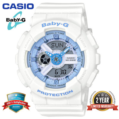 Baby-G BA110 นาฬิกาข้อมือสตรีแบบ สองเวลา แสดงผล 100M กันน้ำกันกระแทกไฟอัตโนมัติ LED แสดงเวลาโลก กีฬานาฬิกาข้อมือรับประกัน 2 ปี BA-110BE-7A 100% ใหม่แท้