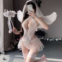 2023 Korean Pure White Lovely Bridal Sexy Lingerie Women Nightwear White Lace Mesh Patchwork See-Through Angel Dress Cosplay YYOJ013