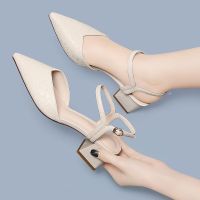 [COD] Thick heel baotou sandals womens leather pointed toe one-belt mid-heel fairy style high-heeled all-match summer