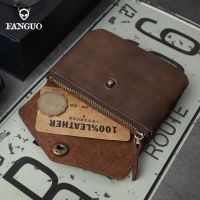 ☬ Vintage Mens Wallet Genuine Leather Card Holder Coin Purse With Zipper Pocket Handmade Portable Short Money Pouch