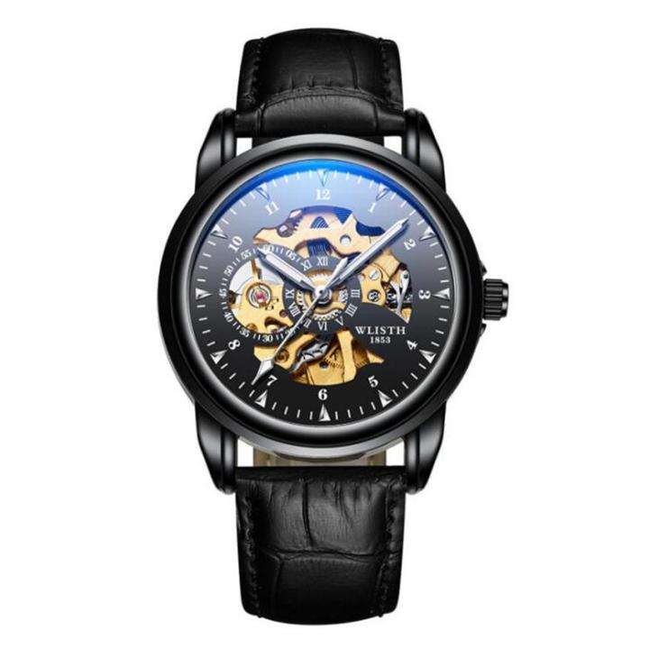 jam-lelaki-นาฬิกาออโตเมติกของแท้นาฬิกาจักรกลผู้ชายผู้ชายกันน้ำได้หนังแท้สีดำ