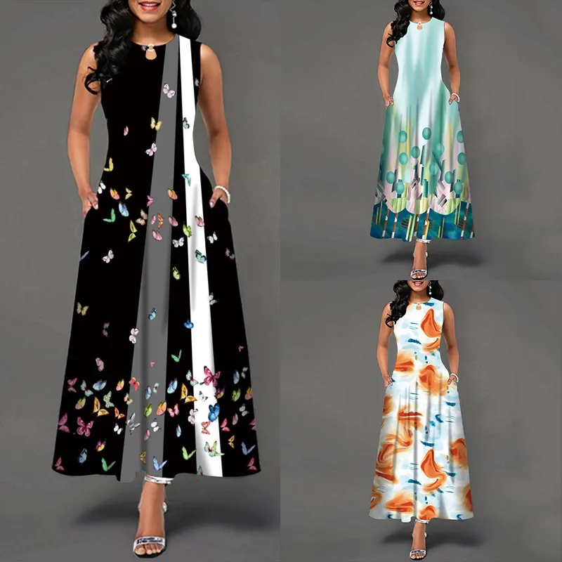 Summer Fashion Casual Sleeveless Print Butterfly Pattern Maxi Dress A-LINE  Boho Pocket Vintage Plus Size Dresses | Lazada Singapore