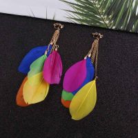 JIOFREE Bohemia Fashion Jewelry multicolou Feather Clip on Earrings Non Piercing for Women Long Tassel Feather Earrings