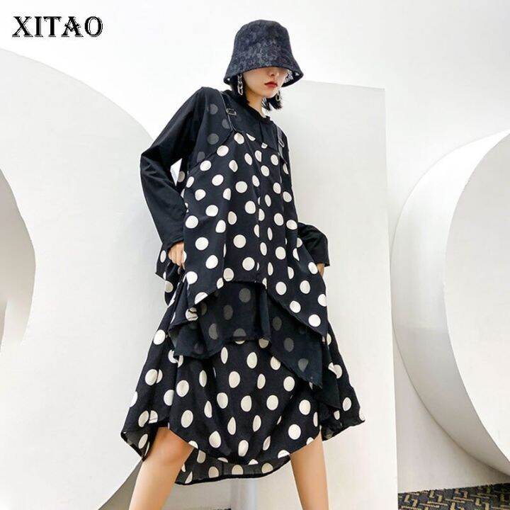 xitao-dress-black-long-sleeve-dot-irregular-patchwork-dress