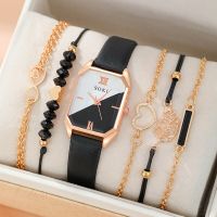 6pcs Square Quartz Watch Dainty Bracelets Set Women Black White Watch Dial Leather Strap Heart Leaf Infinity Bracelets Set