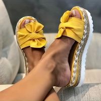 onlcicn Womens Platform Espadrilles Slippers, Bow Open Toe Solid Color Anti-skid Slippers, Casual Beach Slides