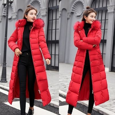 2022 New Winter Jacket Womens Warm Fashion Bow Belt Fox Fur Collar Coat Long Dress Womens Thick Coat