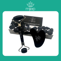 Black Obsidian Face Roller และ Gua Sha - ลูกกลิ้งหินและกัวซานวดหน้า เครื่องมือเสริมความงามจากหินออบซิเดียนแท้ 100% สำหรับนวดหน้า เครื่องมือบำรุงผิวหน้าทางแพทย์ศาสตร์จีนโบราณ