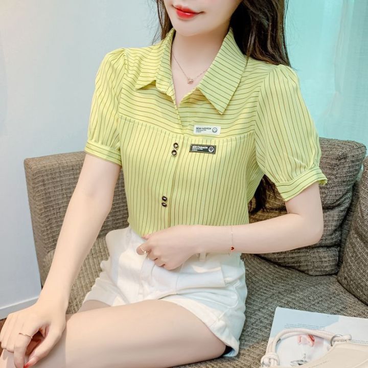 เสื้อแฟชั่นเสื้อสวมศีรษะลายทางแนวเกาหลีของผู้หญิงงานออฟฟิศใหม่2023เสื้อเสื้อนอกเสื้อโปโลลำลองใหม่