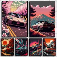 80S Japan Neon JDM Car &amp; Sakura Canvas Poster - Aesthetic Room Decor, Wall Art For Car Gallery