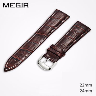MEGIR Brown Black Blue Leather Watchband Watch Strap Bracelet Belt 22mm 24mm