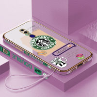 เคสเคสมือถือสำหรับ F11 OPPO พร้อมฟรีสายคล้อง + โลโก้ Starbucks แฟชั่นชุบขอบสี่เหลี่ยมฝาหลังนิ่ม