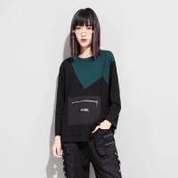 European Punk Dress Open Wire Spring Bump Color Round Collar Irregular Patchwork Zipper Pockets Easy Long Sleeve T-Shirt