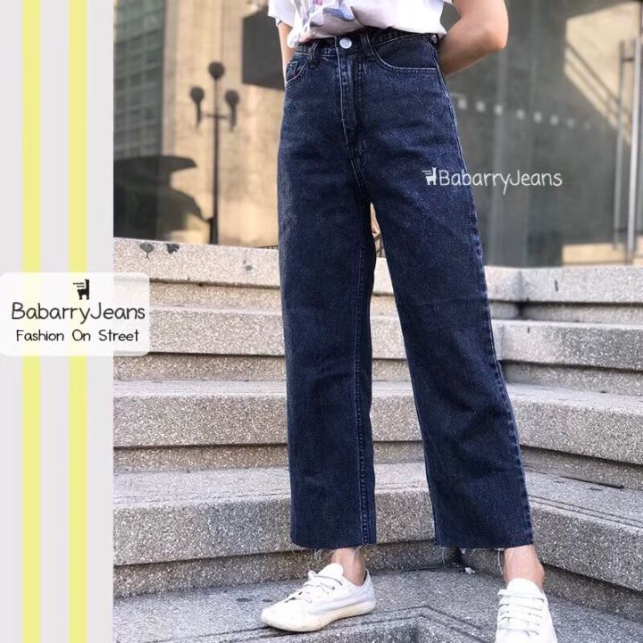 พร้อมส่ง-babarryjeans-ยีนส์ทรงกระบอก-วินเทจ-เอวสูง-ปลายตัด-ผ้ายีนส์ไม่ยืด-สีดำฟอก