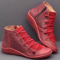 Womens shoes Casual Flat Leather Retro Lace-up Boots Side Zipper Round Toe ladies Shoe street Boots zapatos para mujeres