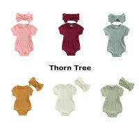 Thorn Tree 2 ชิ้นเด็กทารกหญิงชุดจั๊มสูทสีทึบแขนสั้นRomperพร้อมที่คาดผมโบว์ชุดฤดูร้อน