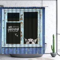 Dog Shower Curtain Funny Animal Cut Farmhouse Wooden Country Pet Farm Dog Love Husky Bathroom Set Fabric with Hooks Blue and Black