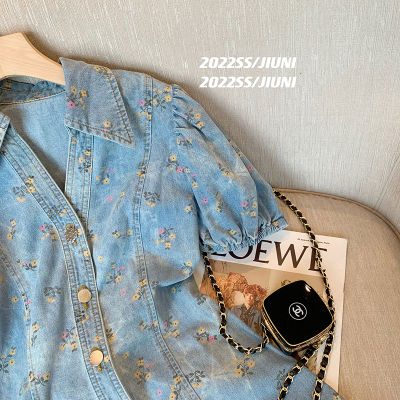 ashion A-line Mini Denim Dress Summer Single-Breasted Short Puff Sleeve Turn-down Collar Floral Split Jean Dresses Female
