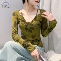 YIMEI เสื้อตาข่ายคอวีสำหรับผู้หญิงสำหรับฤดูใบไม้ผลิ2023เข้ารูปพอดียืดหยุ่นแบบสวมหัวเสื้อตาข่ายชุดผ้ายืดแขนยาวพื้น