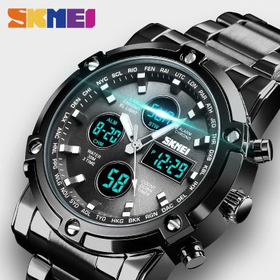 【July hot】 Moment beauty watch mens student sports multi-functional luminous timing waterproof double display quartz electronic male