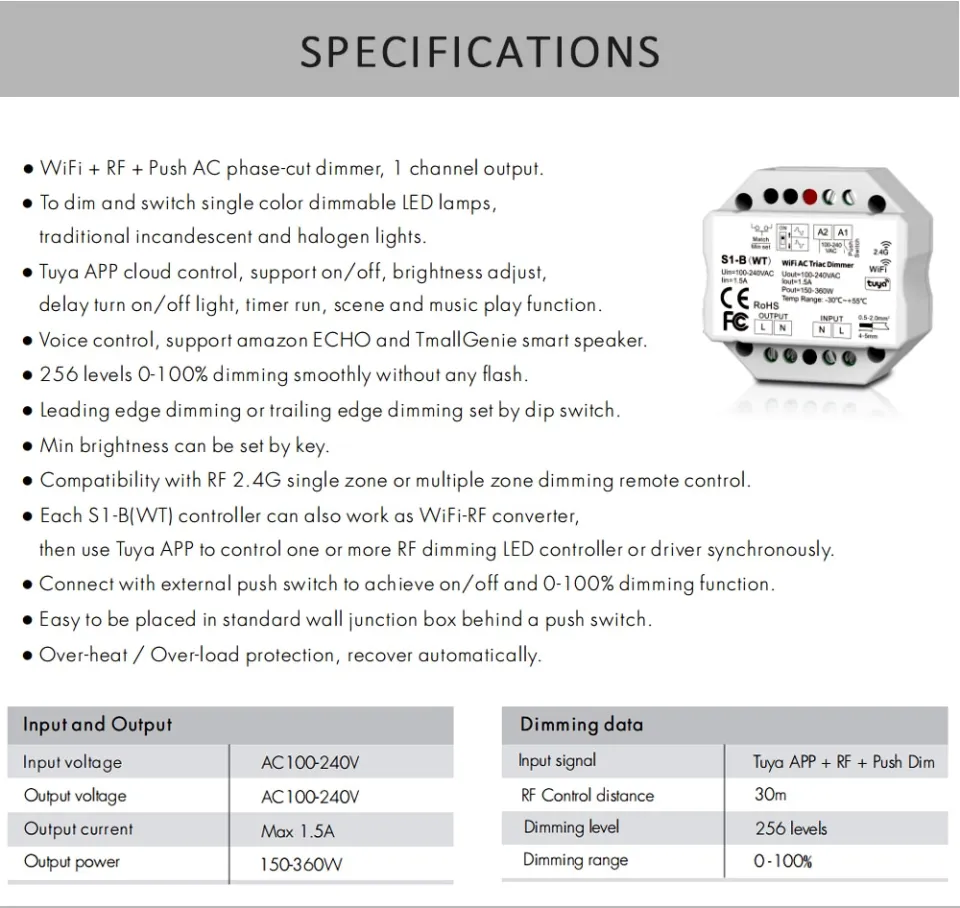 WiFi Tuya App & RF Push AC Triac Dimmer Set S1-B(WT)+R11 [S1-B(WT)+R11]