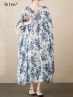 Anteef short sleeve oversized cotton vintage floral dresses for women casual loose long summer dress elegant clothing 2023