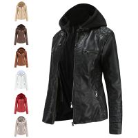 ▪❦ Womens Leather Jacket Hooded Removable and Large Size Sleeve Washed Coat