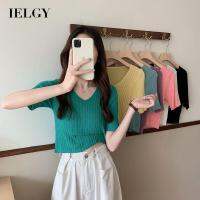 IELGY เสื้อยืดคอวีผ้าวิสคอสสำหรับผู้หญิง,เสื้อผ้าแฟชั่นโชว์สะดือสำหรับฤดูร้อน