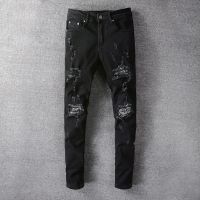 CODaith62sfe Amiri American Streetwear Fashion Men Jeans Black Color Elastic Cotton Ripped Jeans Men Slim Fit Patches Designer Hip Hop Punk Pants