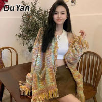 Du YAN เสื้อคาร์ดิแกนแบบถักเรโทรมีพู่สีรุ้ง,เสื้อฤดูหนาวอเนกประสงค์ของผู้หญิง