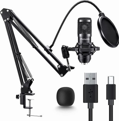 piolunth USB Microphone, Plug &amp; Play 192kHz/24bit Cardioid Condenser Studio Mic Kit with Professional Sound Chipset Mount Pop Filte and Boom Arm for Recording, Gaming, Streaming, Podcast, Skype Black