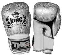 Top King Boxing Gloves Snake Silver White ( 10,12,14,16 oz.) Muay Thai MMA K1 นวมซ้อม ท็อปคิงส์ ลายงู สีเงิน ขาว หนังแท้ ผลิตในประเทศไทย