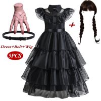 Wednesday Addam Costumes for Girls 2023 Movie Wednesday Mesh Dress Halloween Carnival Gothic Winds Party Dress Up for 3-10 Yrs