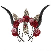 Women Flower Gothic Lolita Crown Halloween Antelope Horns Headband Goth Party Anime Headpiece