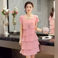 2023 Dress For Women Summer Wave Cut Ruffle Sweet Solid Short Sleeve Slim Dresses Lady Casual All-match Vestido O-Neck Chiffon