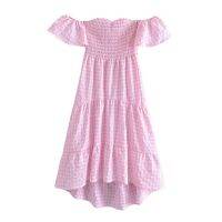 2022 Fashion Women Pink Plaid Print Off Shoulder Dress Short Sleeve Ladies Vintage Midi Dress