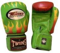 Twins special Boxing Gloves Fancy  FBGV-7 Green Fire (16 oz.) Muay Thai Sparring MMA K1 นวมซ้อมชกทวินส์ สเปเชี่ยล สีเขียว ลายไฟ หนังแท้ 100%