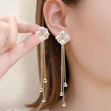 Pink black beaded tassel earrings | flower stud earrings – Exquistry