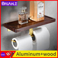 Bathroom toilet paper holder solid walnut screw free installation wall brushed gold double rolling paper rack phone shelf