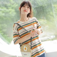 Cotton color striped summer new short-sleeved T-shirt womens small irregular loose split embroidered top V729