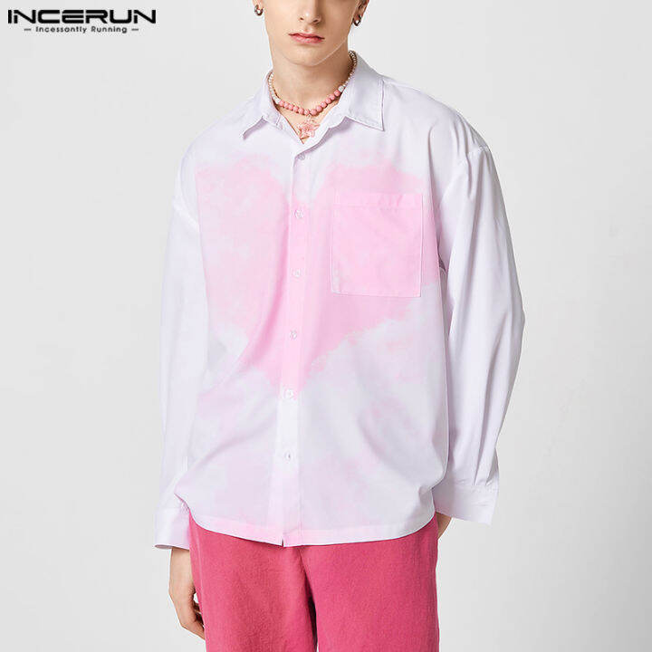 incerun-เสื้อเสื้อลายหัวใจเสื้อตัวหลวมแขนยาวร่องกระดุมเสื้อผู้ชาย-สไตล์ตะวันตก